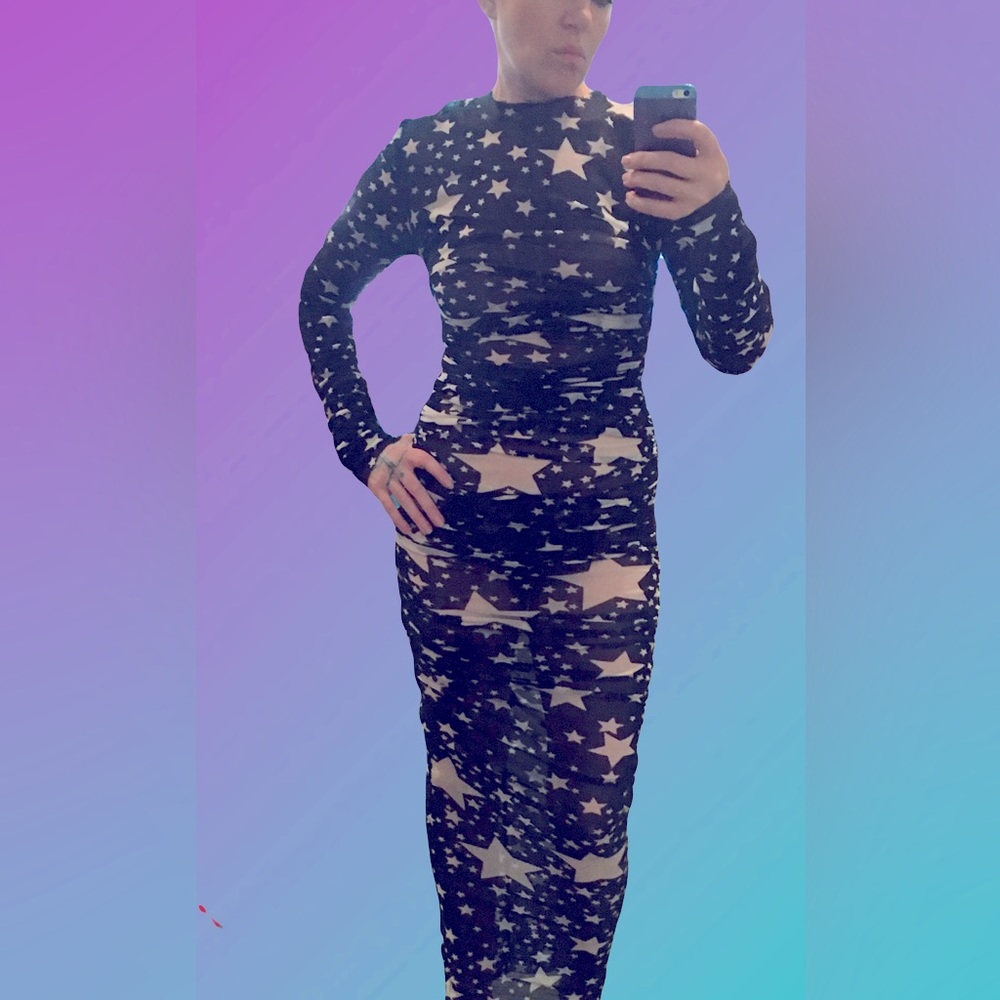 Dolce & Gabbana AUTHENTIC 2011 Ruched Mesh Maxi Dress Celestial Print Small 42